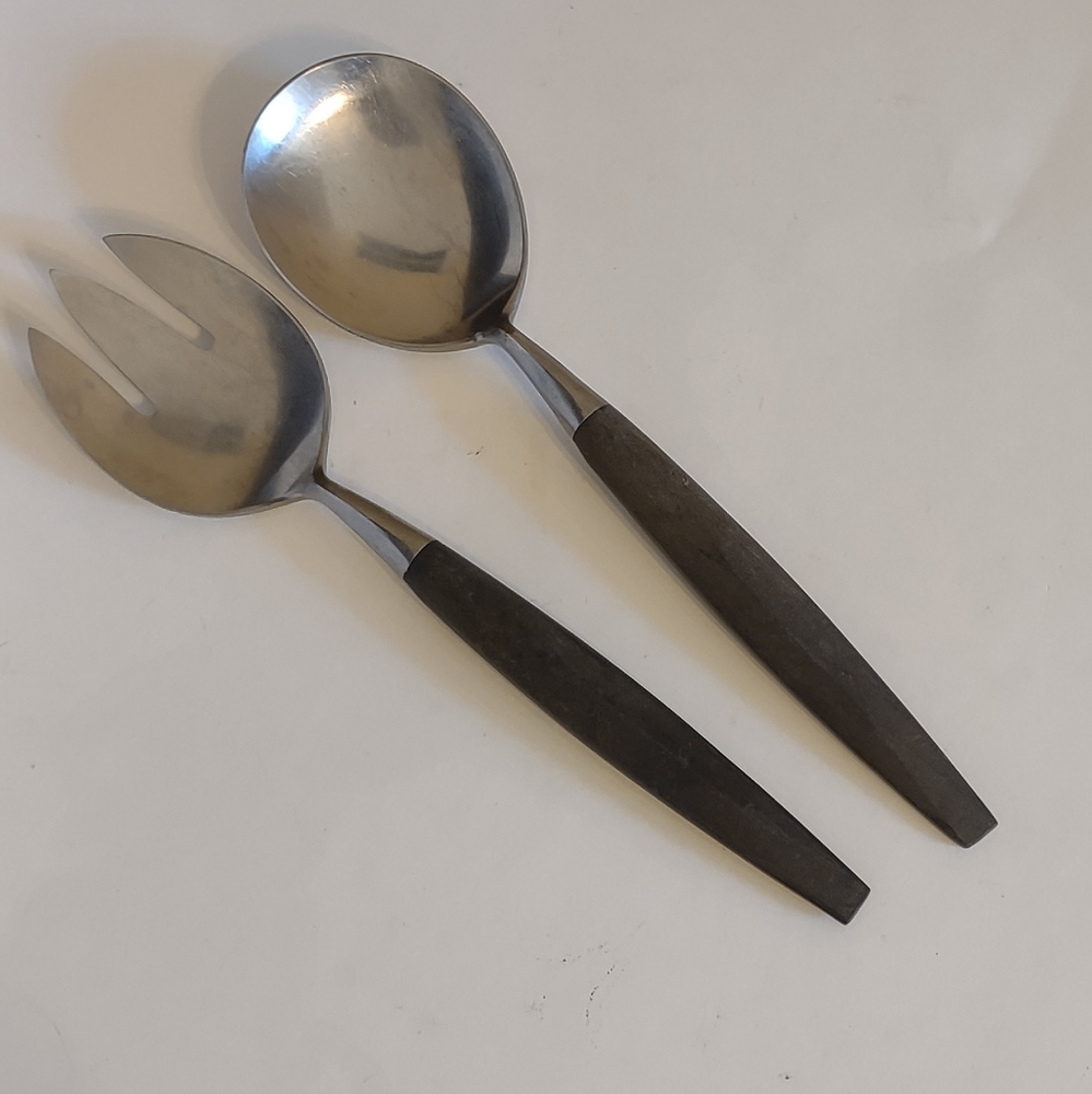 Modern Black Handle Stainless Steel Salad Serving Set - 2 Piece